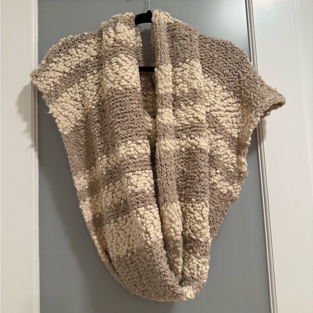 Comfy + Cozy Beige Tan Striped Knit Wrap-around Circle Scarf